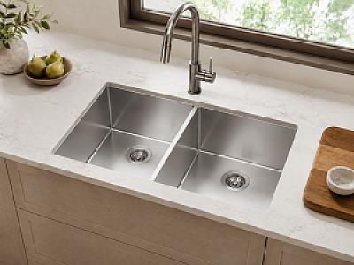 Lumax 33" 50/50 Handmade Double-Bowl Sink - 16-Gauge 304 Stainless Steel